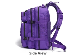 Side view of purple waterproof tactical backpack with MOLLE webbing and side buckles