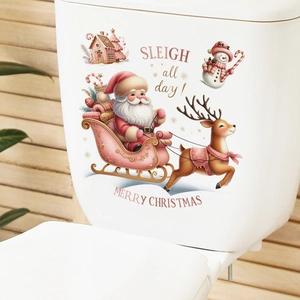 Sticker Noël rose avec Père Noël et renne sur réservoir de toilettes blanc