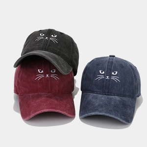 Vintage cotton baseball caps with cat face embroidery in black, burgundy and navy colors