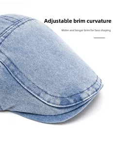 Macro shot of light blue washed denim cap featuring a foldable and adjustable brim design
