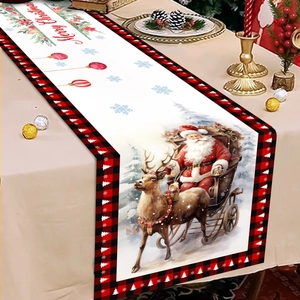 Christmas table runner with Santa sleigh reindeer and red black plaid patterns
