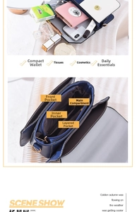 Detailed interior view of the color-block handbag showing multi-layered compartments
