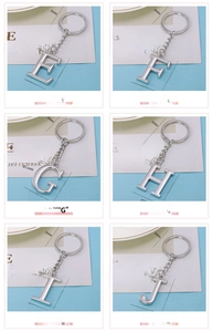 Detailed macro view of silver alphabet keychains showing dimensions and metallic texture