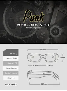 Detailed size chart for PC fashion sunglasses showing dimensions and 31.2g weight specs