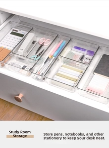 Clear PET drawer organizer with anti-slip bottom for stationery storage in a white drawer