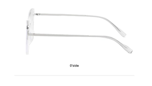 Side view of silver metal temples and transparent cat-eye frames with refined hinge details