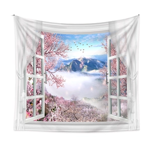 Detailed 3D landscape tapestry featuring cherry blossoms and mountains through a white window