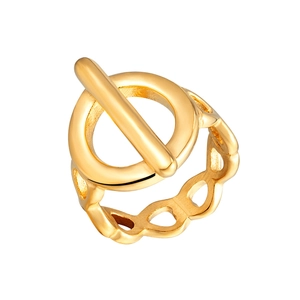 Detailansicht eines vergoldeten Edelstahlrings mit Knebelverschluss und Wellenmuster-Band