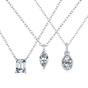 Three VVS1 moissanite pendants in emerald, marquise, and oval cuts on S925 silver chains