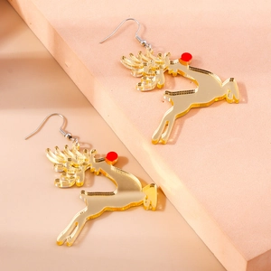 Close-up of reindeer Christmas earrings in mirror gold acrylic with red nose detail