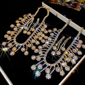 Elegant Floral Zircon Rhinestone Necklace And Tassel Earrings Copper Luxury Choker Jewelry For Women