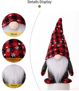 Detailed view of Christmas gnome plush with snowflake pattern hat and long white beard