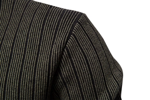 Detailed close-up of premium olive green and black striped knitted sweater fabric