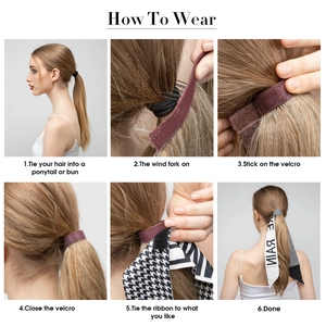 Step-by-step tutorial on how to wear a long wavy ponytail extension with velcro and ribbon