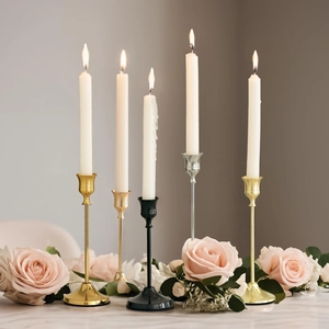 Modern metal candle holders set in gold, black and silver for elegant table decor