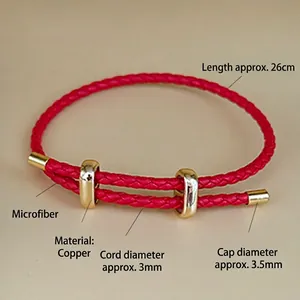 Adjustable red microfiber leather cord bracelet with gold copper beads and 8-shaped clasp