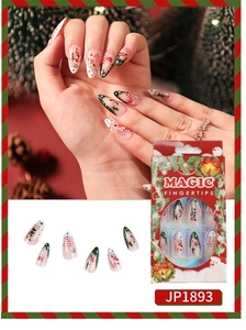 Detail of Christmas almond press-on nails with candy cane and snowflake patterns JP1893