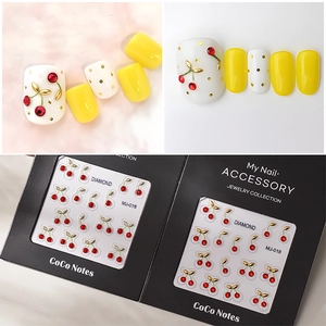 3D cherry nail charms with red rhinestones and gold leaves for manicure DIY decor