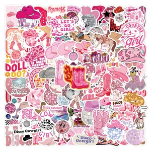 Pink Disco Cowgirl Waterproof Vinyl Stickers For Laptop Water Bottle Luggage Western Y2K Retro Decorative For Girls