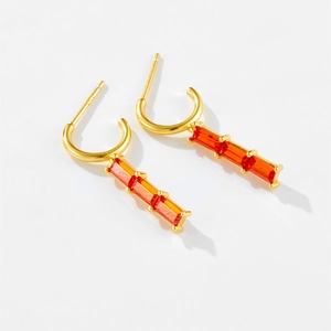 925 silver gold-plated long drop earrings with three radiant orange rectangular zircons