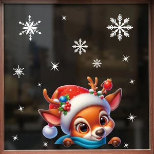 Detailed Christmas window stickers with colorful reindeer and white snowflakes on glass