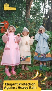 Kids' waterproof hooded rain ponchos with cartoon monkey prints and large transparent brims