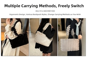 Three colors of plush striped tote bags with spherical straps shown on models