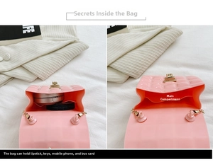 Detail view of pink quilted PVC jelly bag interior showing storage space and gold lock