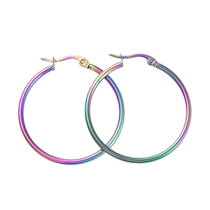 Classic stainless steel hoop earrings featuring vibrant iridescent finish with latch back