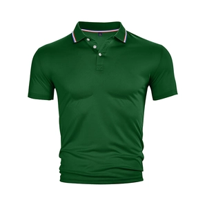 Detail of dark green polo shirt featuring tri-color striped collar and three-button placket