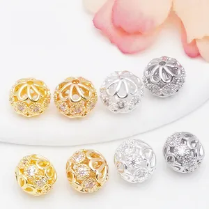 Hollow Round Beads Copper Gold Plated Cubic Zirconia Spacer For DIY Jewelry Making Necklaces Bracelets