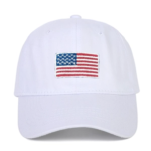 Classic white cotton baseball cap featuring high-quality American flag embroidery design