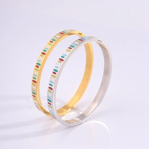 Elegant gold and silver titanium steel bangles with colorful enamel heart charms for women