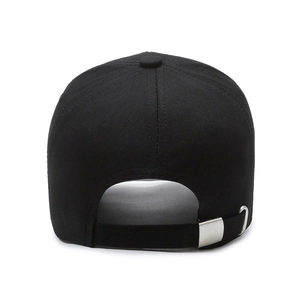 Rear view of black distressed cotton baseball cap with adjustable metal buckle strap