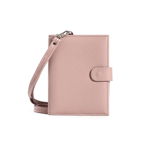 Pink lychee grain leather passport wallet with neck strap and secure metal snap closure