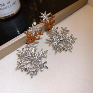 Detailed macro view of reindeer snowflake earrings with sparkling zircon inlay
