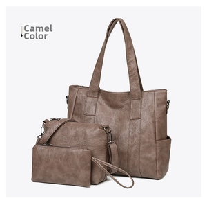 Three-piece camel synthetic leather tote bag set with crossbody and coin purse