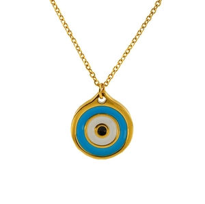 Detailed macro view of the gold-tone O-chain and blue enamel evil eye pendant charm