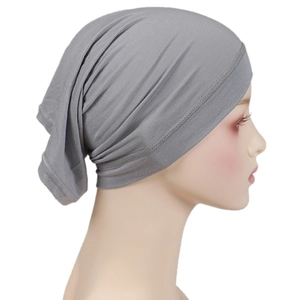 Detail view of dark grey modal hijab cap showing high-elasticity ribbed edge craft