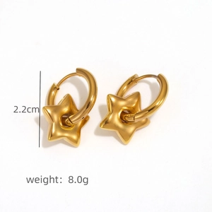 Macro view of gold star pendant earrings showing 2.2cm height and 8.0g weight details