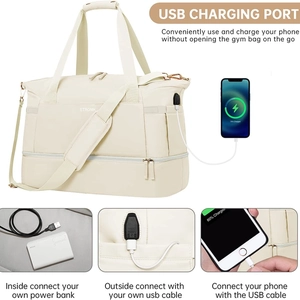 Cream fitness bag with USB port, shoe compartment, and adjustable shoulder straps
