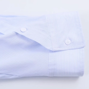 Men's light blue striped long sleeve shirt with classic buttoned cuffs detail