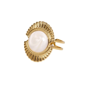 Retro 18K gold plated stainless steel ring with white enamel center and ripple texture