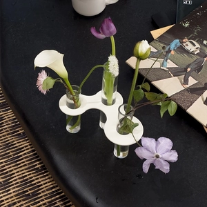 Modern white wavy acrylic vase with three clear glass test tubes and colorful flowers