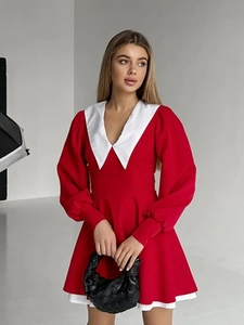 French vintage red mini dress with white doll collar and puff lantern sleeves