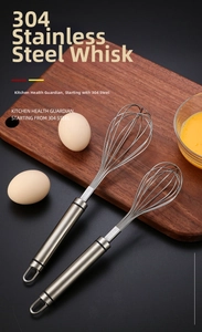 Macro detail of 304 stainless steel whisk set with SUS 304 stamp on brushed metal handle