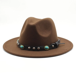 British style brown wool fedora with turquoise and silver studded leather belt