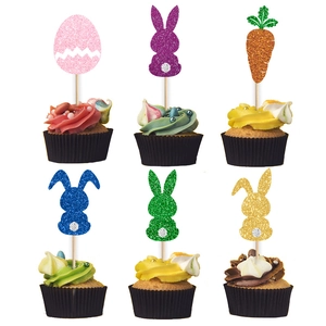 Easter Cake Toppers Glitter Paper Bunny Carrot Egg Dessert Decoration For Birthday Party Holiday Table Ornament