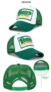 Detailed views of a green and white trucker hat featuring Western embroidery and snapback