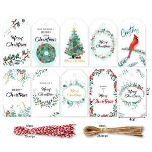 Christmas kraft paper gift tags set with festive patterns and two types of hanging strings